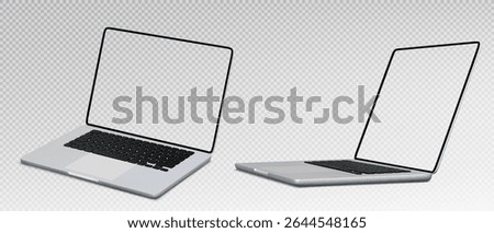 Laptop pc mockup with transparent screens - notebook computers in different angles for app presentation, website display or digital product showcase with blank monitors ready for custom content.