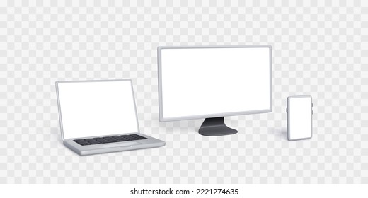 Laptop, PC monitor and smartphone mock up. 3D gadgets set with white screens. Realistic computer devices template for business banners design. Vector illustration