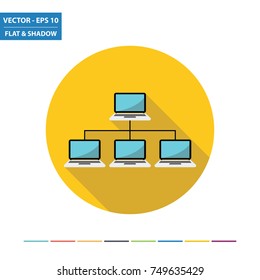 Laptop PC network flat icon with long shadow. Vector Illustration.