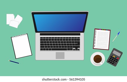 Laptop p.c. and office desk with document files