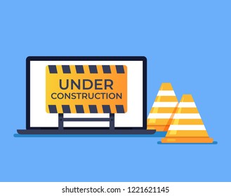 Laptop pc with open web page 404 error message internet development construction. Internet website optimization work in progress concept. Vector design graphic flat cartoon isolated illustration
