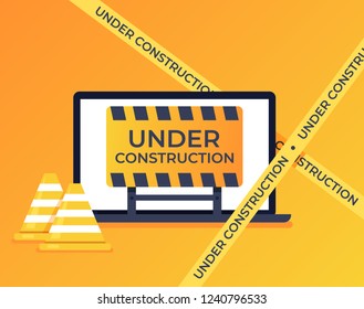 Laptop pc with open web page 404 error message internet development construction. Internet website optimization work in progress concept. Vector design graphic flat cartoon isolated illustration
