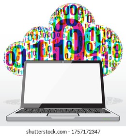 A Laptop PC presenting in front of a Digital Binary code Data cloud – representing the binary information available within the World Wide Web (WWW).