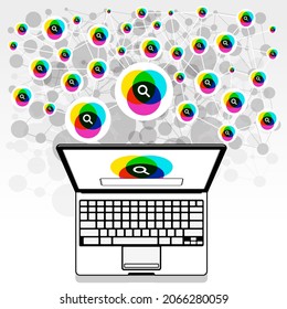A Laptop PC presenting an Internet search engine on screen. A network of search technologies is linking and working together to provide a valid and super quick search result.