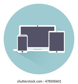 Laptop PC, tablet computer and mobile phone. Electronic equipment gadgets, isolated on a light background