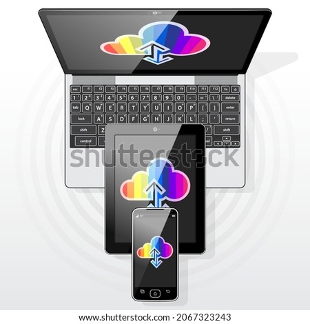 A Laptop PC, Tablet PC and Smart Phone streaming Hi-speed data from and to the internet via a super speed 5G cellular mobile network.