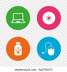 laptop pc and Usb flash drive stick icons. Computer mouse and CD or DVD sign symbols. Round buttons on transparent background. Vector