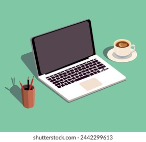 Laptop mit Stifttopf und Kaffee Illustration