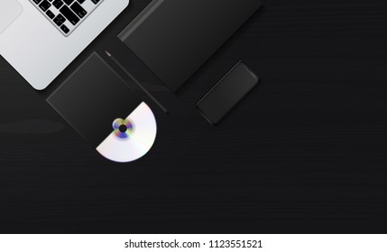 Laptop with pencil, dvd disk,  cellphone and Notepad. Vector Illustration Mockup. Mockup template for branding and product designs. Easy to use for advertising branding and marketing.