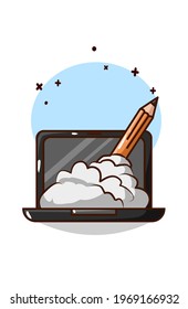 Laptop with pencil and smoke cartoon illustration