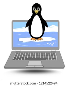 Laptop with the penguin coming out of the display, cute label for computer operating system