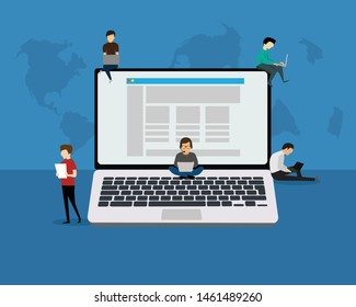 Laptop people concept illustration of young people using laptop, tablet  for social networking and blogging. Flat design of guys and businessman near big Laptop symbol.