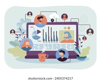 Laptop with people having collaboration vector illustration. Diagrams, charts, colleague in different part of world. Online communication, virtual collaboration, teamwork concept