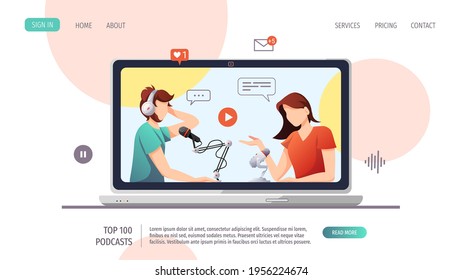 Laptop with people with microphones and headphones. Streaming, Online show, interview, blogging, podcasting, radio broadcasting concept. Vector illustration for website, poster, banner, advertising. 