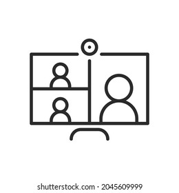 Laptop with people on screen communicating on video chat. Video conference and online meeting concept. Distance work and learning. Vector illustration. Laptop, computer, chatting, conferencing