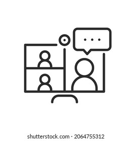 Laptop with people on screen communicating on video chat. Video conference and online meeting concept. Distance work and learning. Vector illustration. Laptop, computer, chatting, conferencing