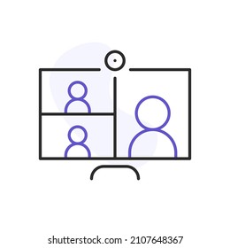 Laptop with people on screen communicating on video chat. Video conference and online meeting concept. Distance work and learning. Vector illustration. Laptop, computer, chatting, conferencing
