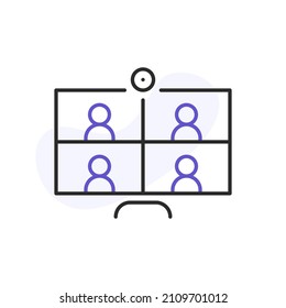 Laptop with people on screen communicating on video chat. Video conference and online meeting concept. Distance work and learning. Vector illustration. Laptop, computer, chatting, conferencing