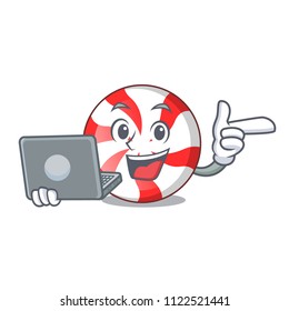 With laptop peppermint candy character cartoon