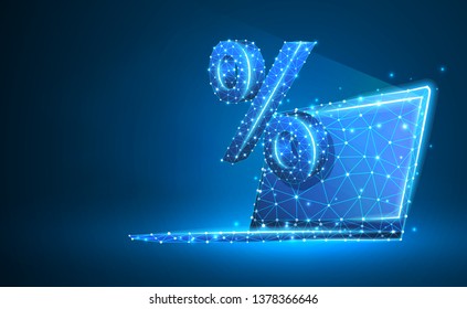 Laptop, percent, notebook symbol. Devices, calculation, discount, concept. Abstract, digital, wireframe, low poly mesh, vector neon 3d illustration. Triangles, lines, dots, stars on blue background