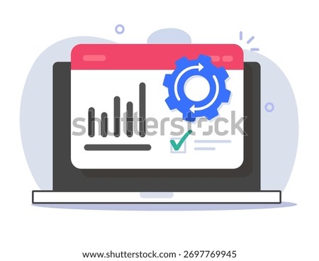 Laptop performance online productivity web icon flat cartoon graphic modern illustration, sales boost operation automation process, computer pc online digital kpi efficiency technology growth