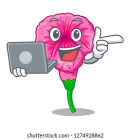 With laptop petunia flowers on cartoon home page