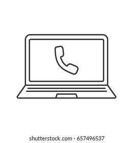 Laptop phone call linear icon. Thin line illustration. Notebook with handset contour symbol. Vector isolated outline drawing