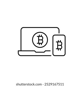 Laptop and phone with cryptocurrency symbol. Seamless crypto wallet connectivity. Digital finance ecosystem. Pixel perfect, editable stroke icon