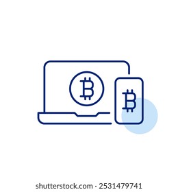 Laptop and phone with cryptocurrency symbol. Seamless crypto wallet connectivity. Digital finance ecosystem. Pixel perfect vector icon