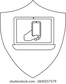A laptop and phone are displayed on a shield, symbolizing security and protection for mobile technology. The design emphasizes data safety and secure communication.