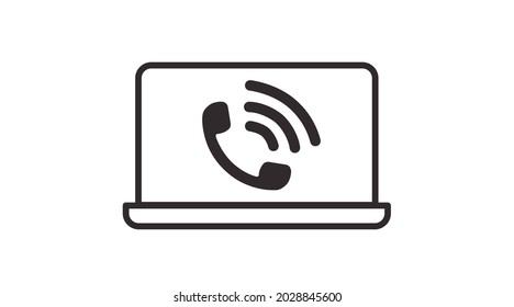 Portátil con icono de teléfono. Ilustración de blanco y negro editable aislada por vector