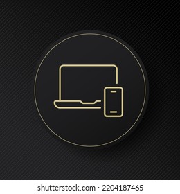 Laptop With Phone Line Icon. Sync, Occupation, Work Station, Synchronization, Technology, Entertainment, Portable, PC, Top, Personal Computer. Smart Device Concept. Vector Line Icon For Business.