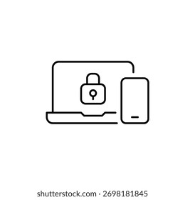 Laptop, phone and lock. Biometric authentication, device security and protection. Pixel perfect, editable stroke vector icon