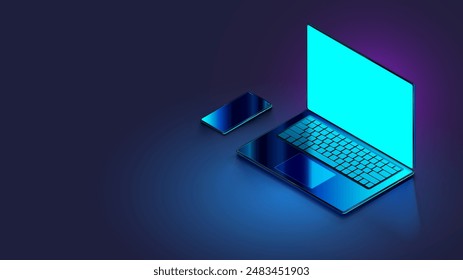 Laptop, phone on desk in dark with empty glowing screen. Isometric vector mockup laptop, smartphone on table. Mobile phone, notebook computer mock up with blank screen. Open laptop isometric view.