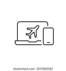 Laptop and phone with plane on screen. Online travel hub, airplane mode. Travel planning across devices. Pixel perfect, editable stroke icon