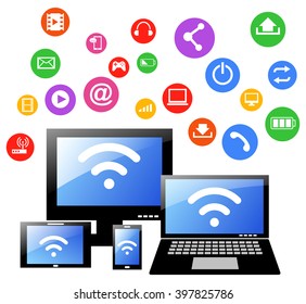 laptop phone tablet Connection, communication in the global computer networks.