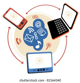 laptop phone tablet  Connection.communication in the global computer networks.