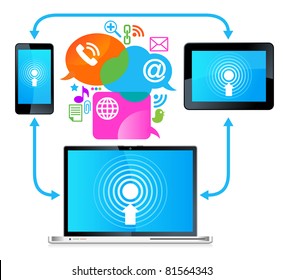 laptop phone tablet  Connection.communication in the global computer networks.