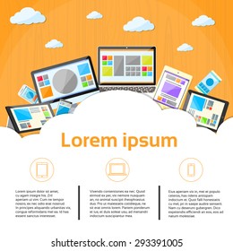 Laptop Phone Tablet Desktop Device Cloud Copy Space Flat Vector Illustration