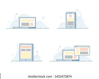 Laptop phone tablet device technology mockup icon set with cloud background