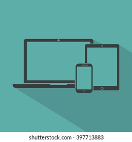 laptop, phone, tablet electronic  device outline icons template with shadow on a green background flat style, stylish vector illustration