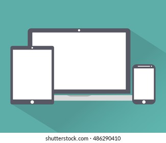 laptop, phone, tablet electronic device icons flat style template with shadow isolated on a green background , stylish vector illustration eps10