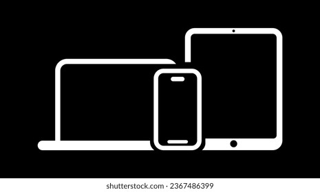 Laptop, phone, tablet icon isolated on black background. Notebook screen template. Digital devices icons. Vector pictograms