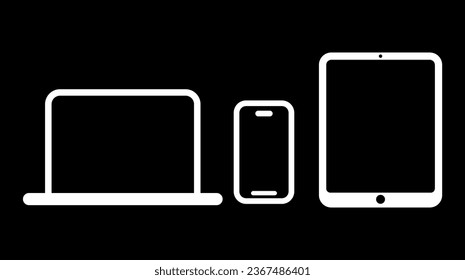 Laptop, phone, tablet icon isolated on black background. Notebook screen template. Digital devices icons. Vector pictograms