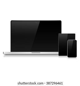 Laptop, phone and tablet with  shadow on a white background
