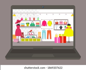 Laptop with a photo of the wardrobe. Things are stacked on special shelves for clothes. Shoes and perfume are on the shelves. Various items of clothing, hang on hangers, vector illustration