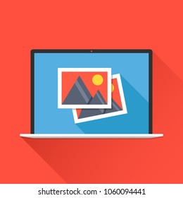 Laptop and photos icon on laptop screen. Photo app, images concept. Modern flat design graphic elements. Long shadow design. Vector illustration