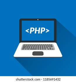 laptop and php symbol. icon with long shadow. flat design