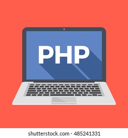 Laptop with PHP word on screen. Learn PHP and back-end web development, coding, programming concepts. Trendy long shadow flat design. Colorful creative graphic elements. Vector illustration