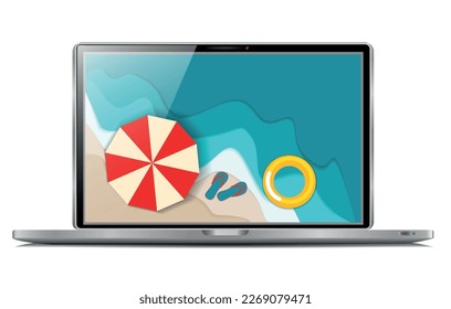 Laptop with picture of sea coast, beach with umbrella. The concept of online booking, ordering online summer beach tours in the holiday season, sites advertising, summer weekends, e-commerce, sale